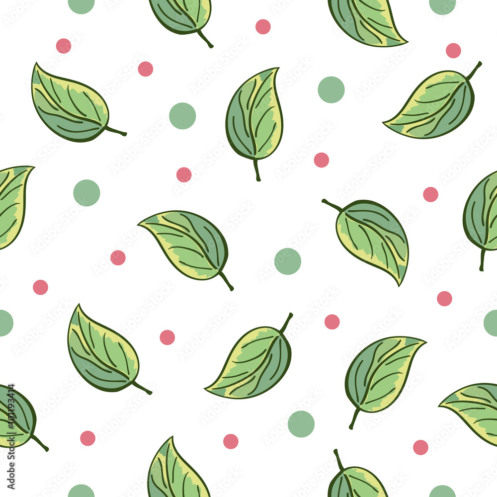 Green leaves pattern with green and red dots