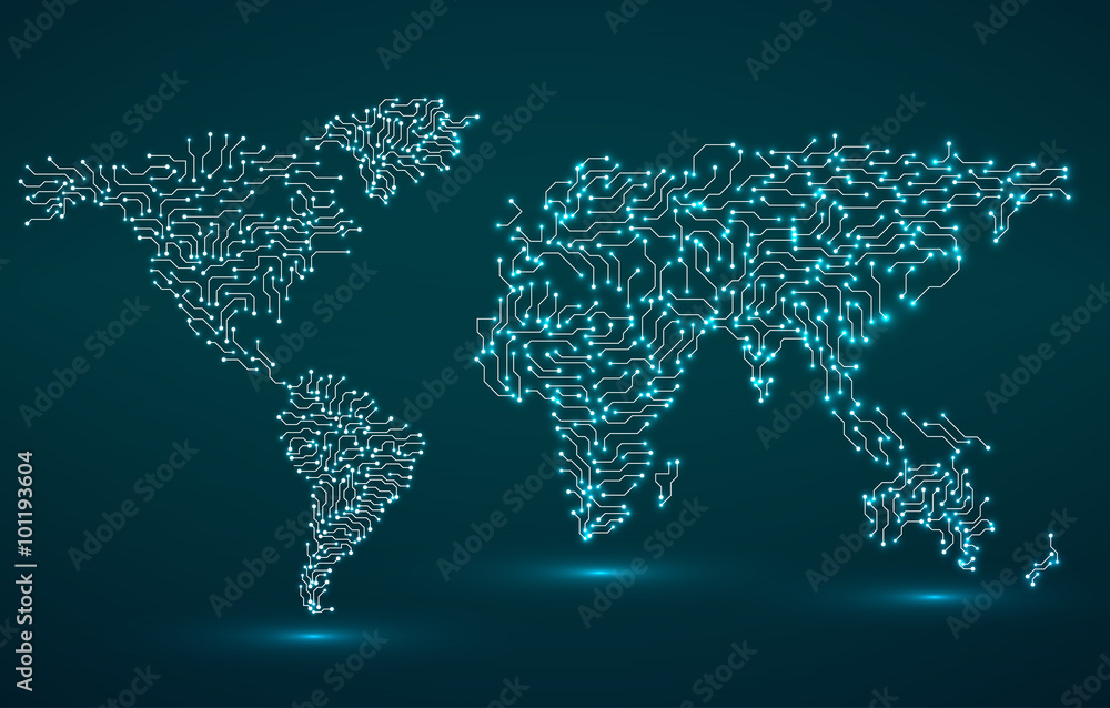 World Map. Circuit board. Technology background