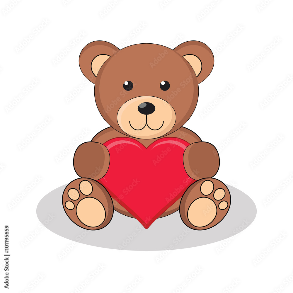 Naklejka premium Cute brown teddy bear holding red heart.