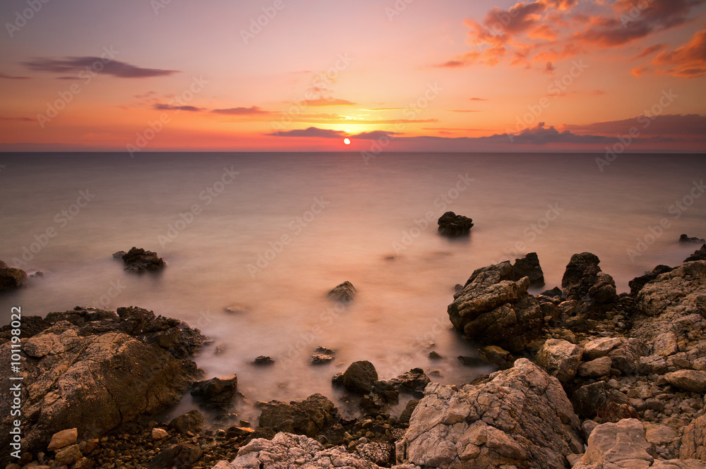 Beautiful colored sunset at the rocky coast of Croatia Beautiful colored sunset at the rocky coast of Croatia