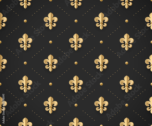 Seamless gold pattern with fleur-de-lys on a dark black background. Vector Illustration.