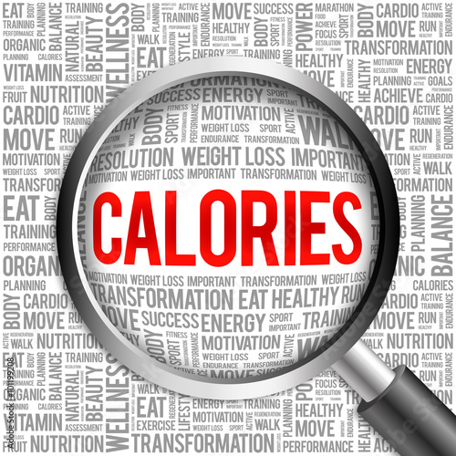 CALORIES word cloud with magnifying glass, health concept
