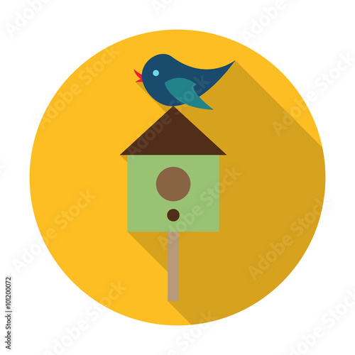 starling, birdhouse flat icon with long shadow for web