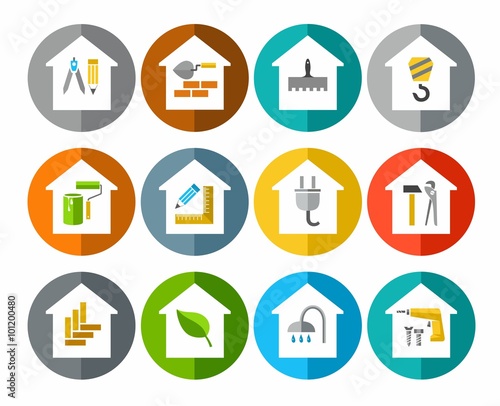 The construction of buildings, repair of buildings, icons, colored. 