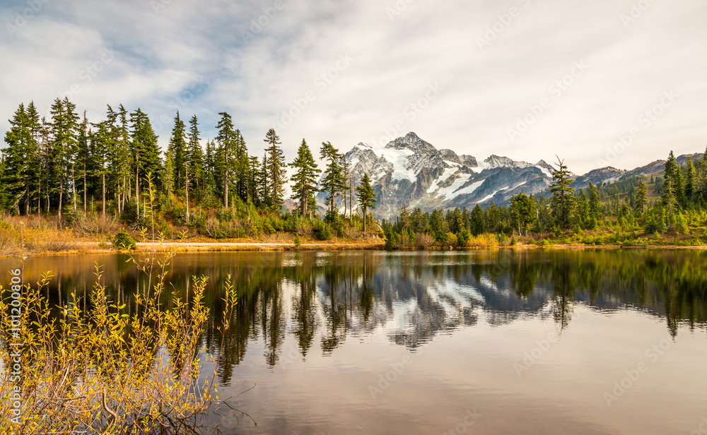 scenic view of mt Shuksan when sunset with reflection in the water.
