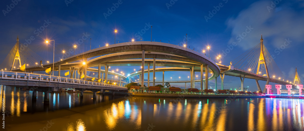 The bridge crosses the Chao Phraya River, Bhumibol Bridge or Ind The bridge crosses the Chao Phraya River, Bhumibol Bridge or Ind