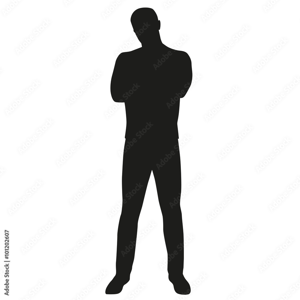 Silhouette of man with folded arms and legs apart. Vector silhou