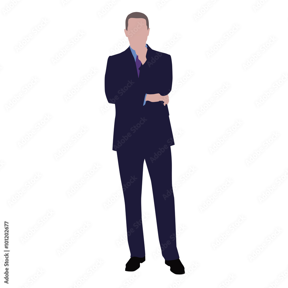 Businessman thinking, vector drawing. Man in dark suit standing