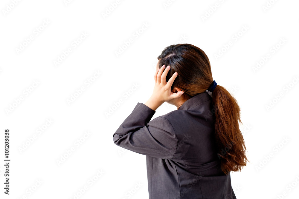 side view portrait of businesswoman having headache isolated on white background side view portrait of businesswoman having headache isolated on white background