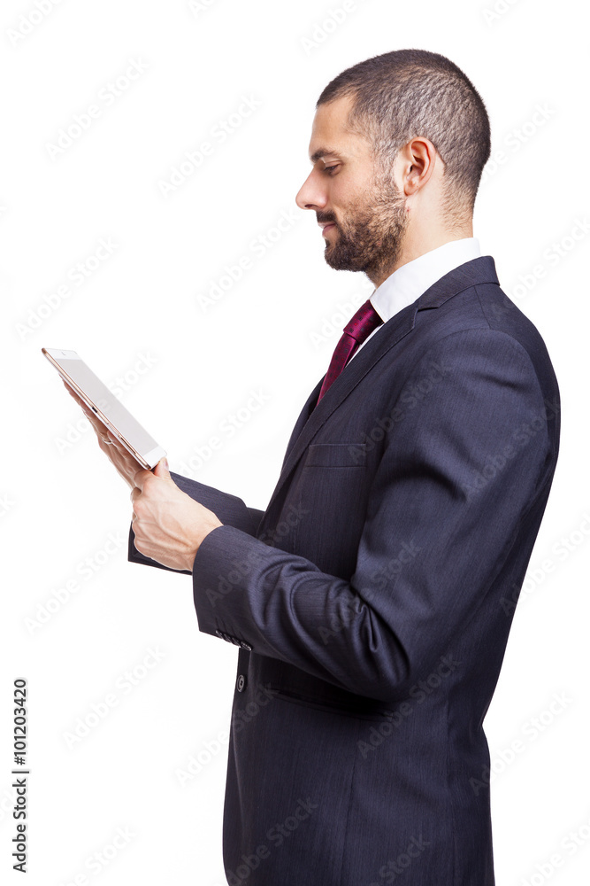 Smiling businessman with digital tablet on white background Smiling businessman with digital tablet on white background