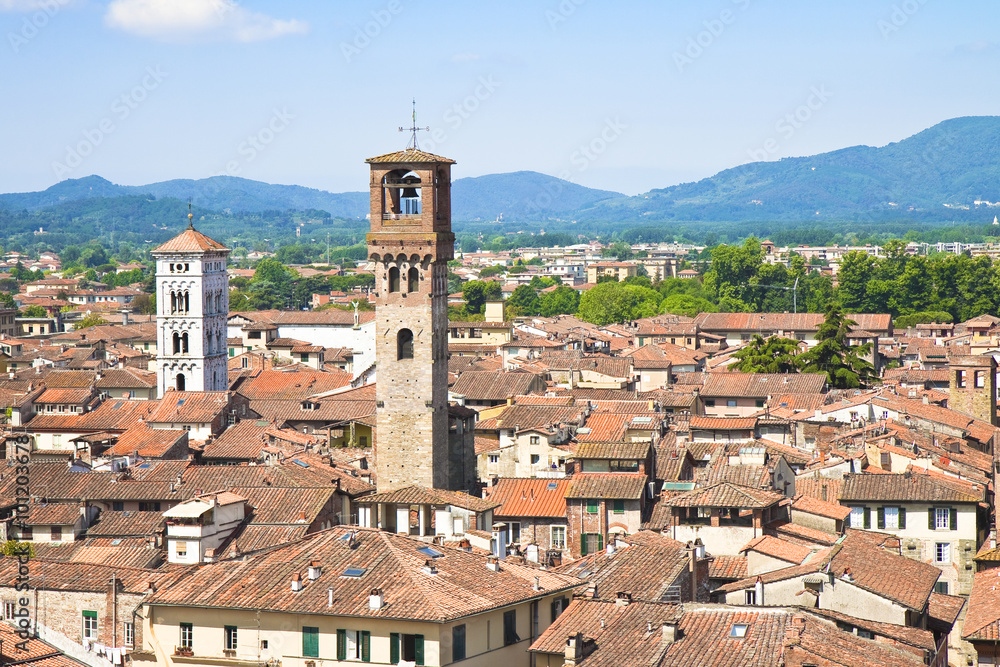Panoramic view of Lucca city seen from Guinigi tower (Italy)