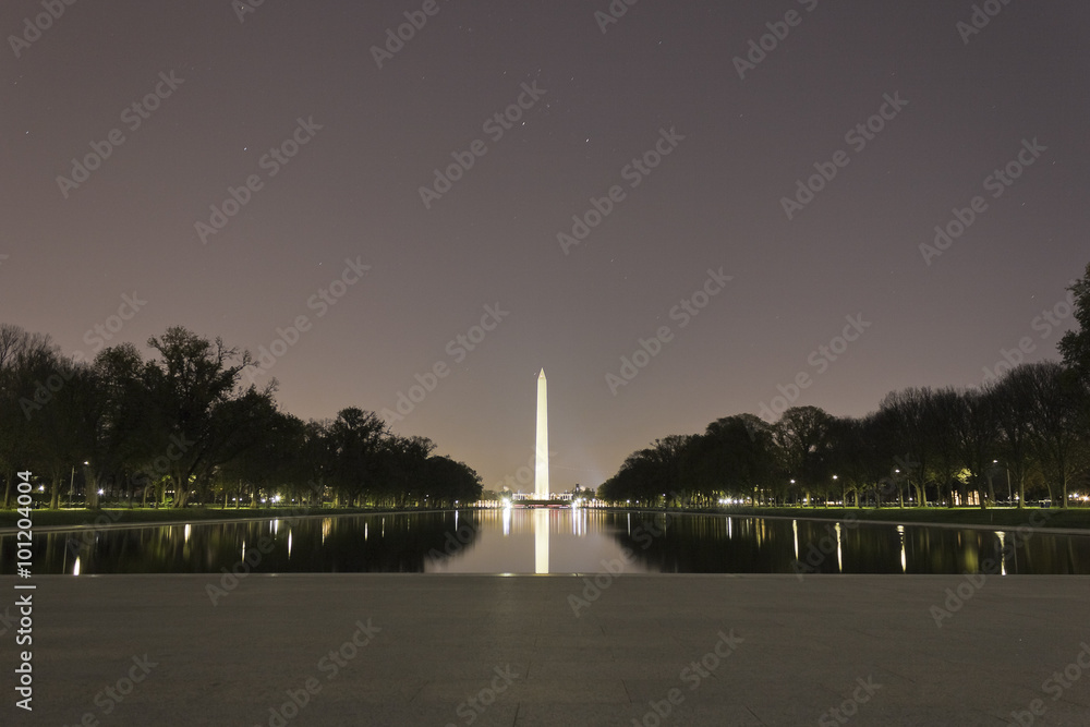 Night time view of the Lincoln Memorial Reflecting Pool & Washington's grand tree-lined boulevard towards the Washington Monument, National Mall & Memorial Parks, Washington DC