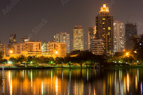 Business buildings in Bangkok seen from Benjakiti park  night Sc