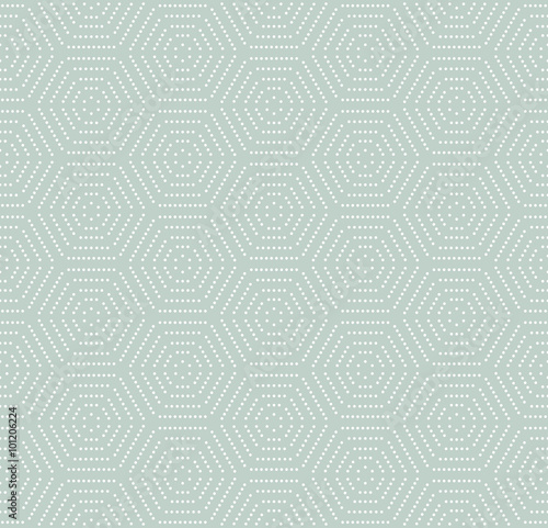 Geometric repeating vector ornament with white hexagonal dotted elements. Seamless abstract modern pattern