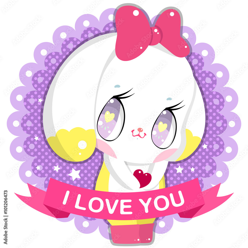 Little bunny with a heart on the background of banner with the words I Love You Little bunny with a heart on the background of banner with the words I Love You