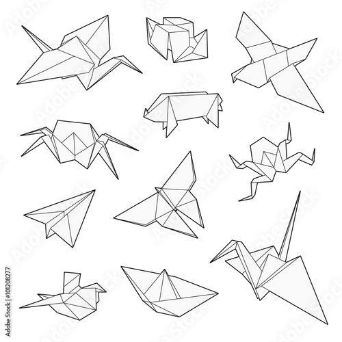 Origami vector set, Crane, bird, boat, paper plane. Un-expanded strokes