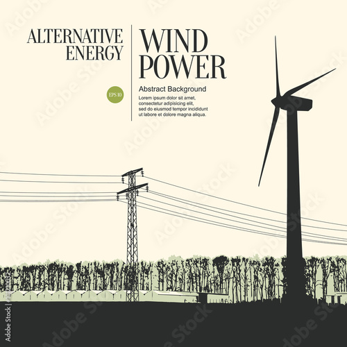 Abstract sketch stylized background. Electric power plant and wind turbines