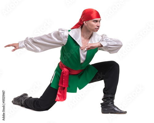 Dancing man wearing a pirate costume, isolated on white in full length.