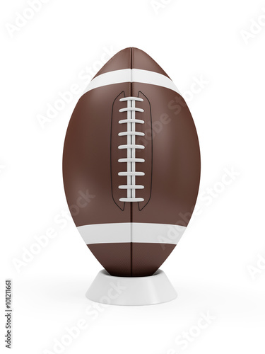 Brown Rugby Ball on stand isolated on white background. Sport and Recreation Concept