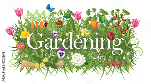 
Gardening banner with grass, flowers and vegetables. EPS 10 vector.