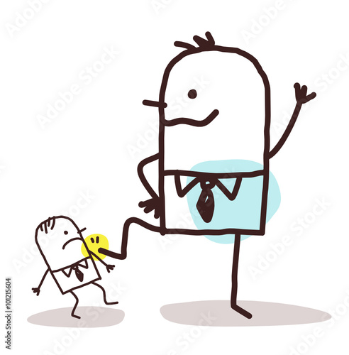 cartoon big businessman pushing down a small one