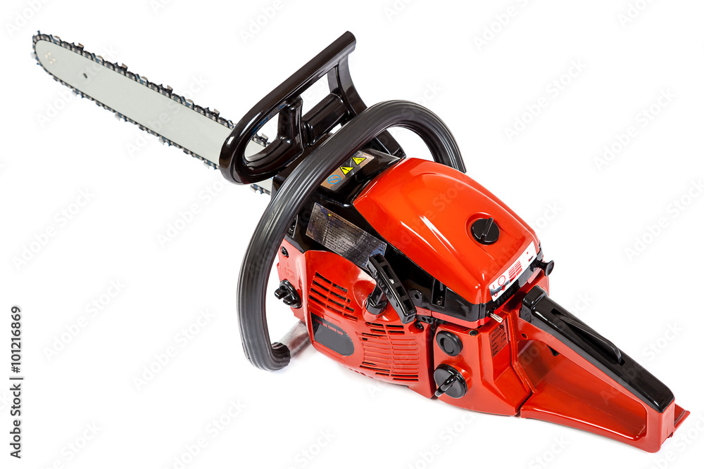 Gasoline chain saw on a white background.
