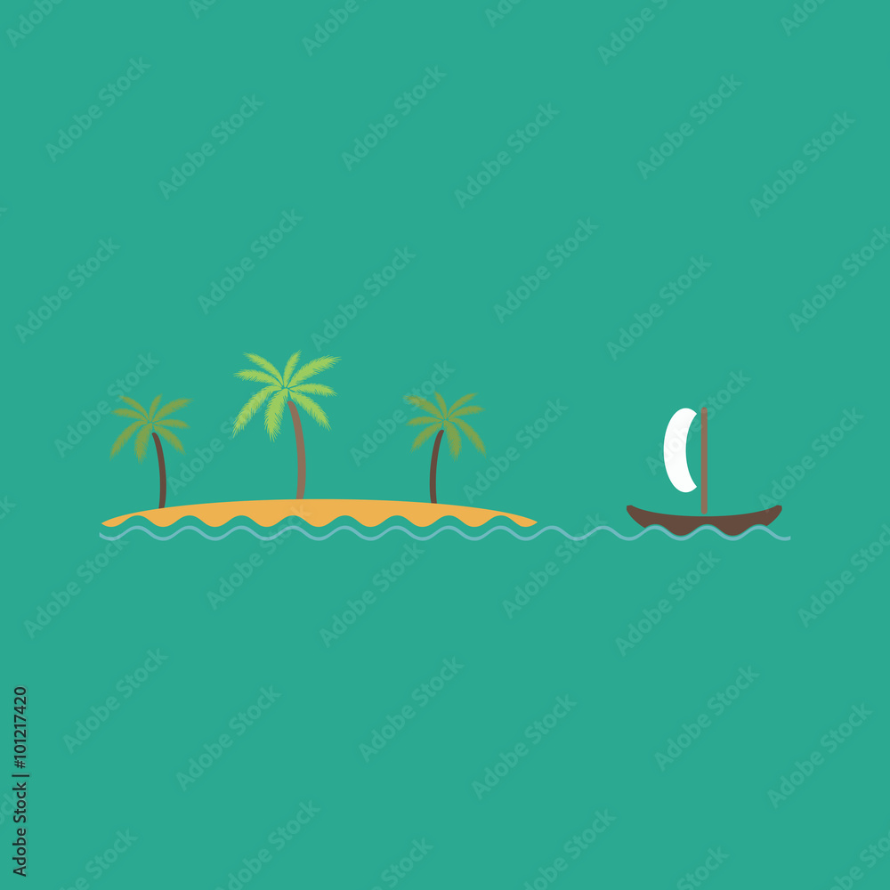 Naklejka premium ship sailing near the island with palm trees