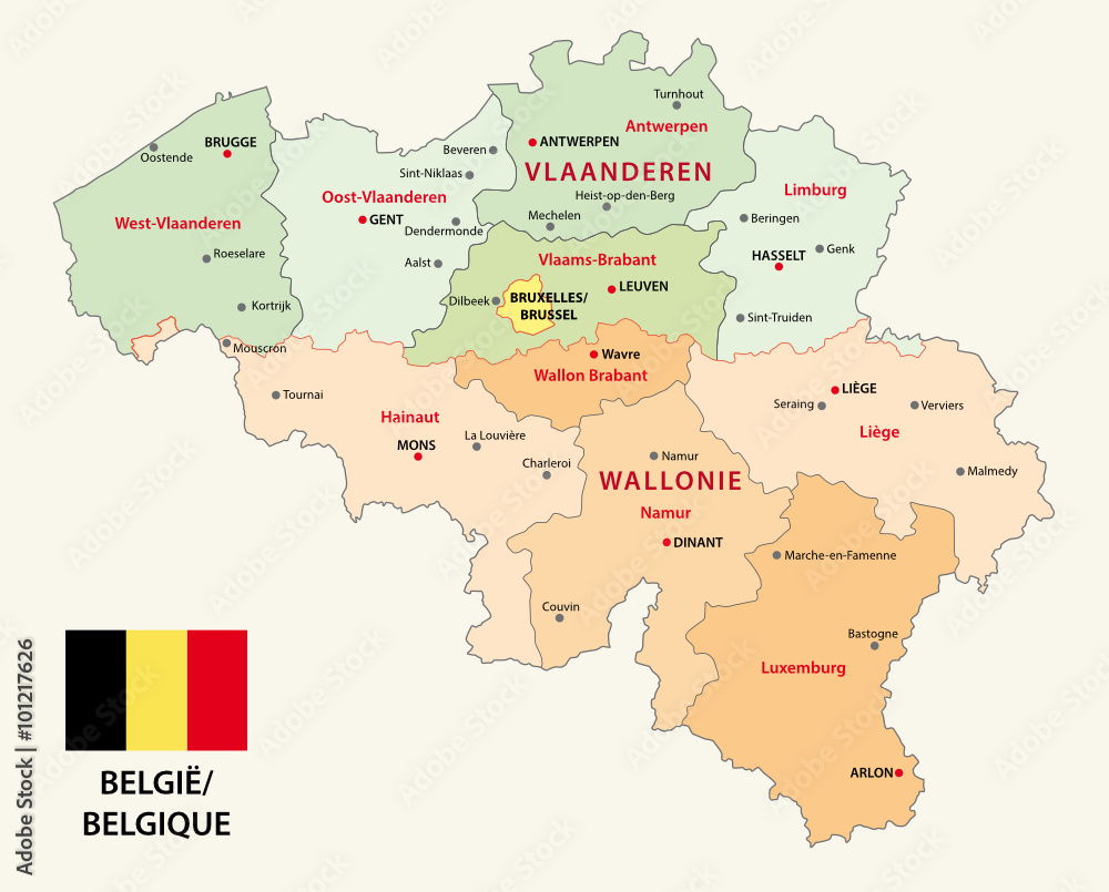 belgium administrative map with flag