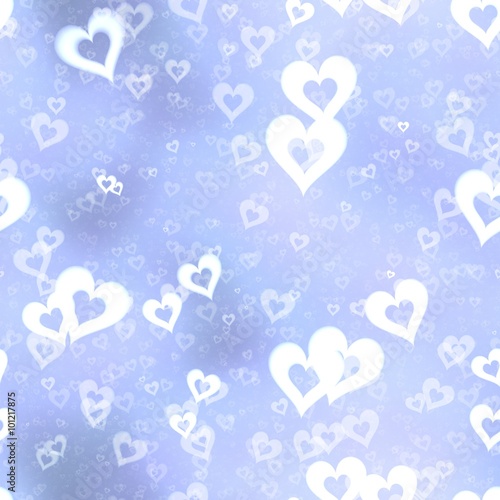 Falling white hearts on a light blue sky background,  seamless pattern