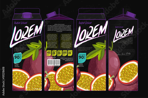Template Packaging Design Passion Fruit Juice. Concept design of Fruit Juice. Abstract Cardboard Box for Juice. Vector Packaging of Passion Fruit Juice. Packaging Elements of Cardboard Box Template