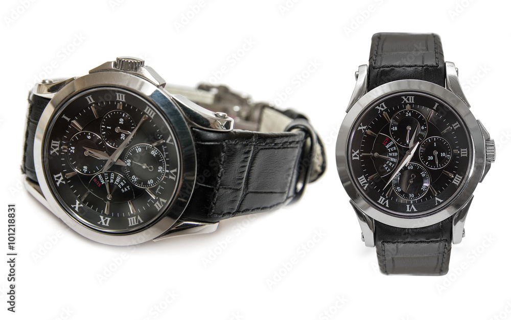 Wristwatch with black leather strap isolated on white background Wristwatch with black leather strap isolated on white background
