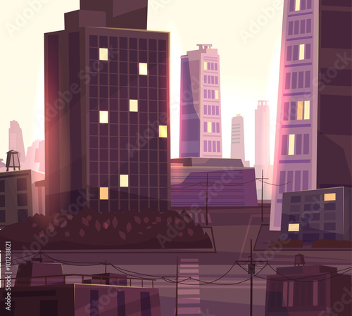 Vector beautiful sunset over cartoon city with highway. 