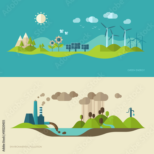 Flat design vector concept illustration with icons of ecology, environment, green energy and pollution