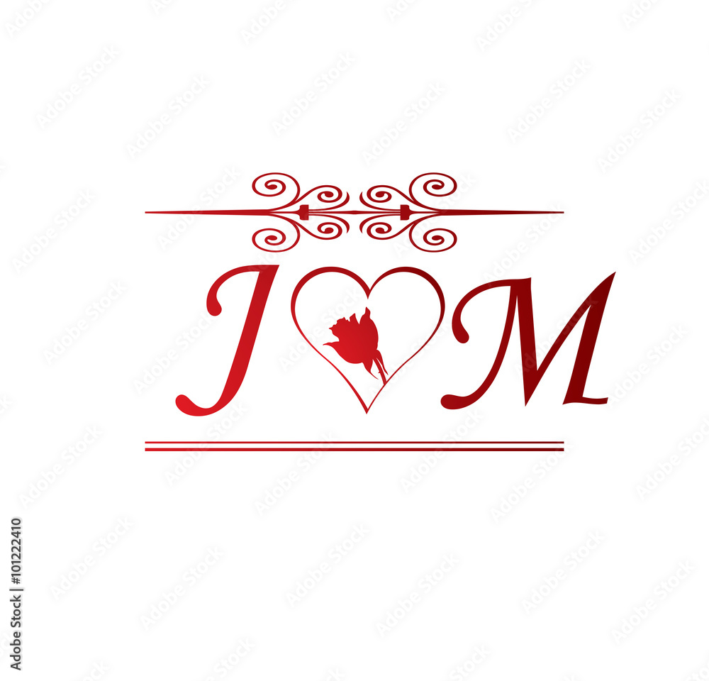 Jm Love Initial With Red Heart And Rose Stock Vector | Adobe Stock