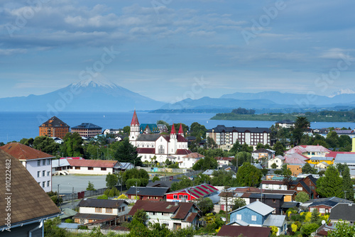 View of the city of Puerto Varas and Llanquihue lake and Osorno volcano (Chile) photo