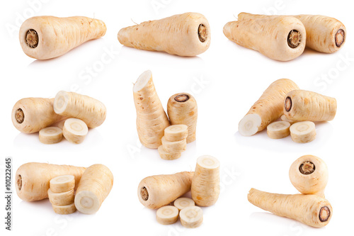 Fotografía Fresh parsnip roots on a white background