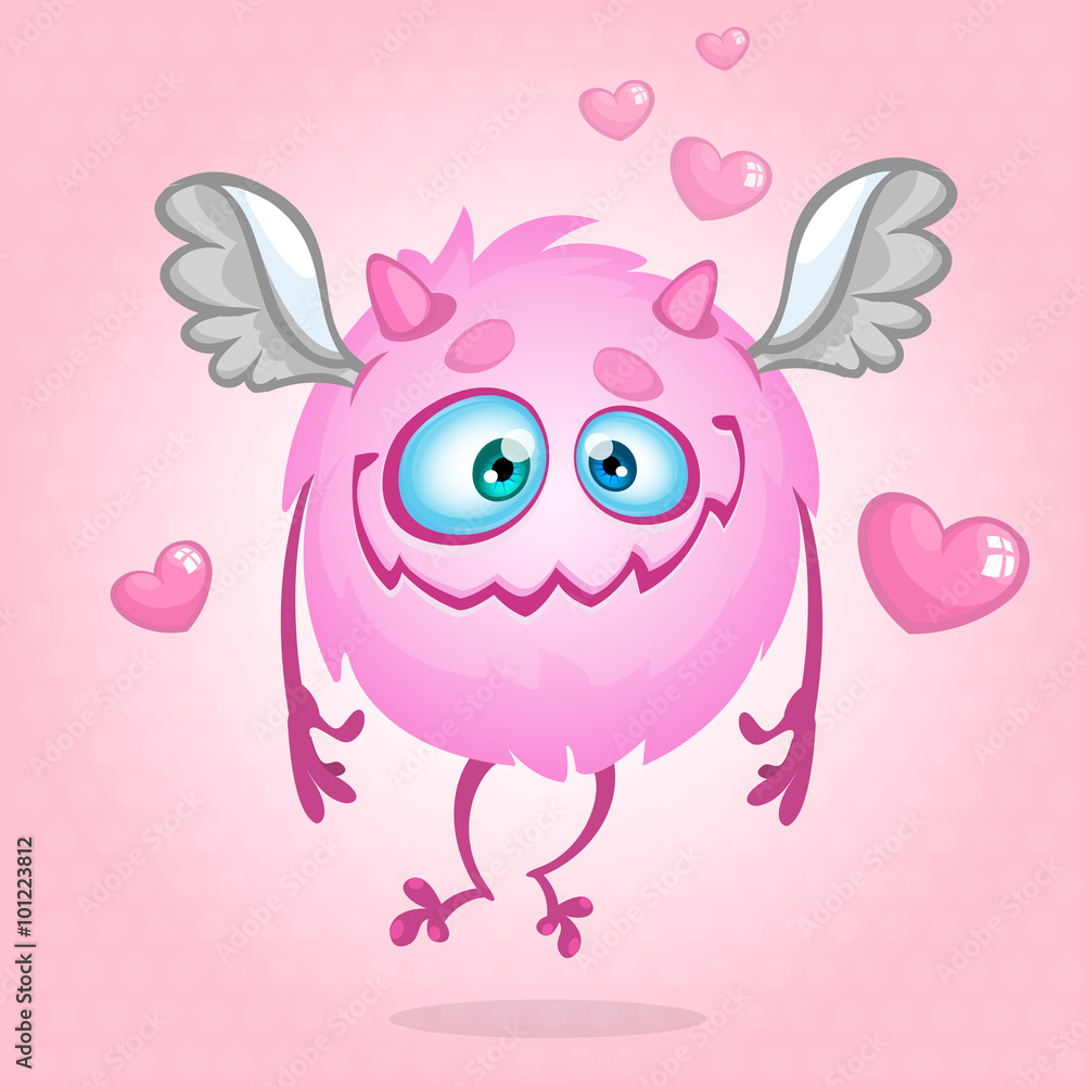 Cute monster in love. Illustration for St Valentine's Day. Vector isolated on rose background 