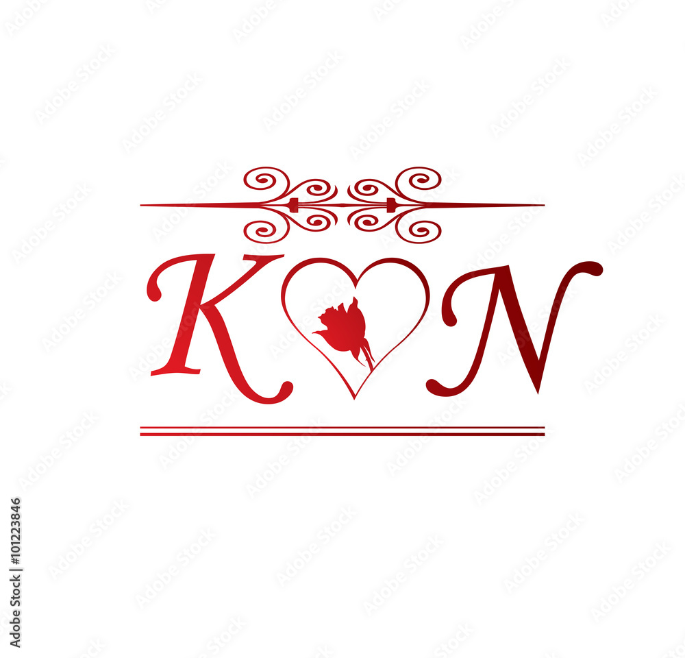 KN love initial with red heart and rose Stock Vector | Adobe Stock