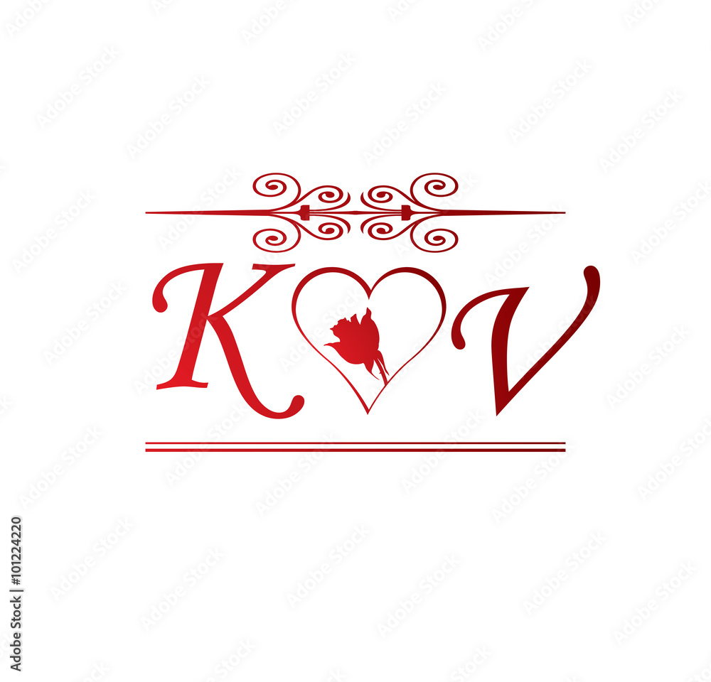 KV love initial with red heart and rose Stock Vector | Adobe Stock