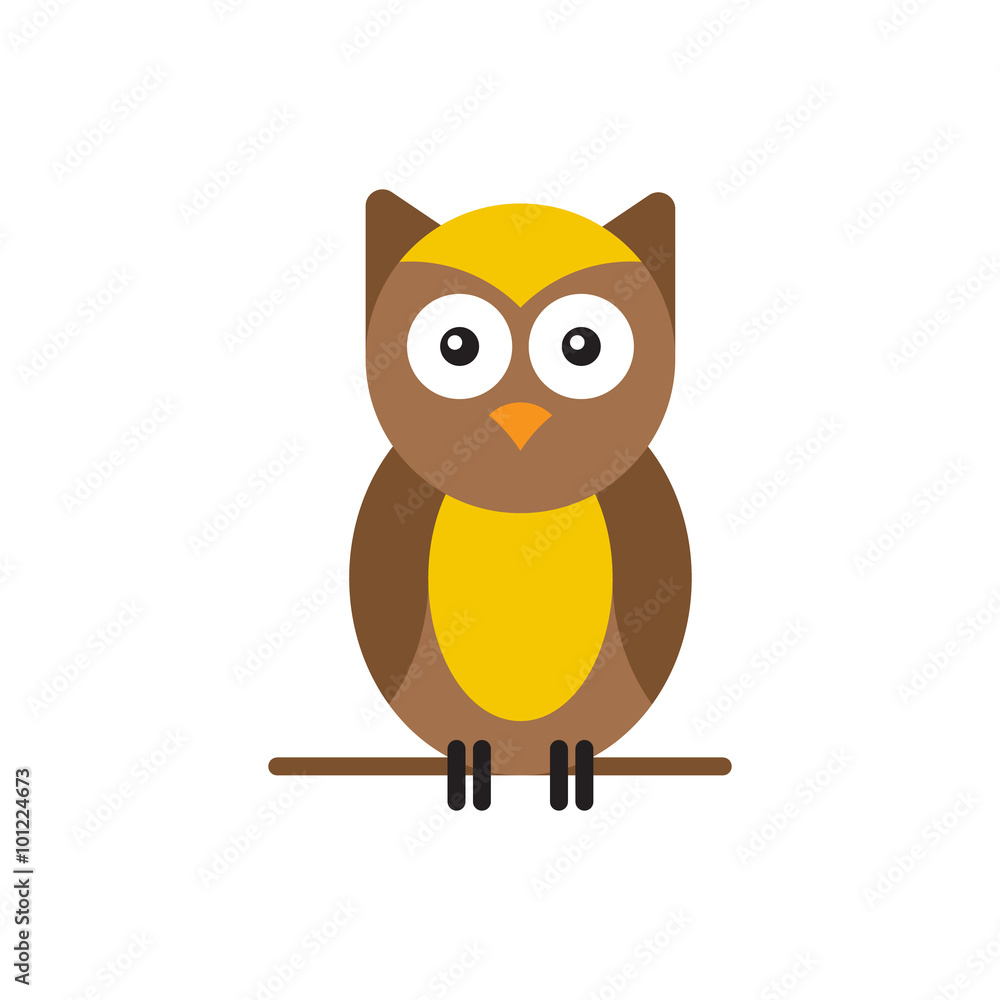 Cute brown bright owl sitting on a tree branch. 