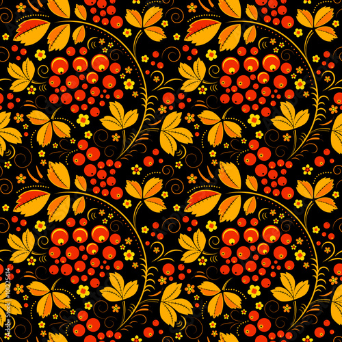Bild auf Leinwand Black seamless pattern in floral folk tradition