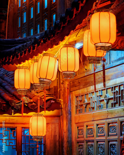 Night view of Chinese street lanterns on carved facade