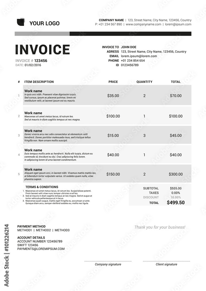 Vector Invoice Form Template Design. Vector Illustration. Grayscale Color