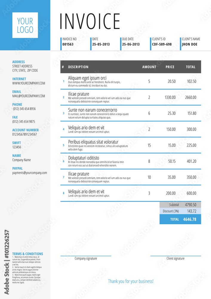 Vector Invoice Form Template Design. Vector Illustration. Blue and Gray Color Theme Vector Invoice Form Template Design. Vector Illustration. Blue and Gray Color Theme