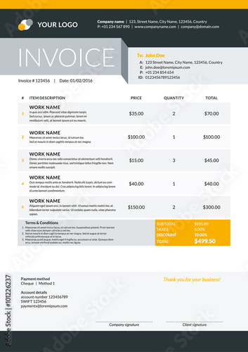 Vector Invoice Form Template Design. Vector Illustration. Black and yellow Color Theme