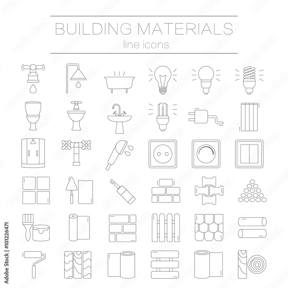 Set of line icons for DIY, construction, building materials. Set of line icons for DIY, construction, building materials.