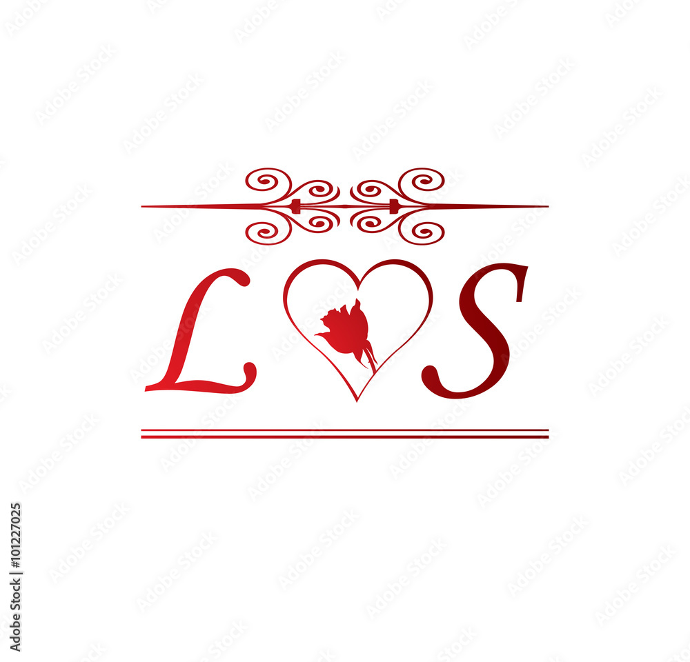 LS love initial with red heart and rose Stock Vector | Adobe Stock