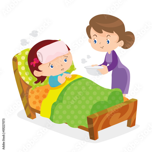 Cute girls take care of sick mother