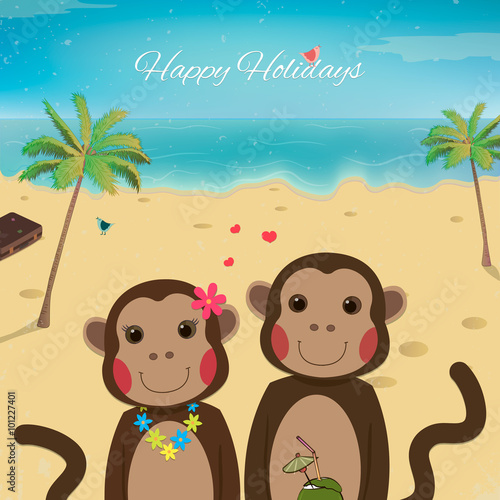 Summer holidays card with romantic couple monkeys. Valentines day card. Summer background. Beautiful Monkey. Vector illustration