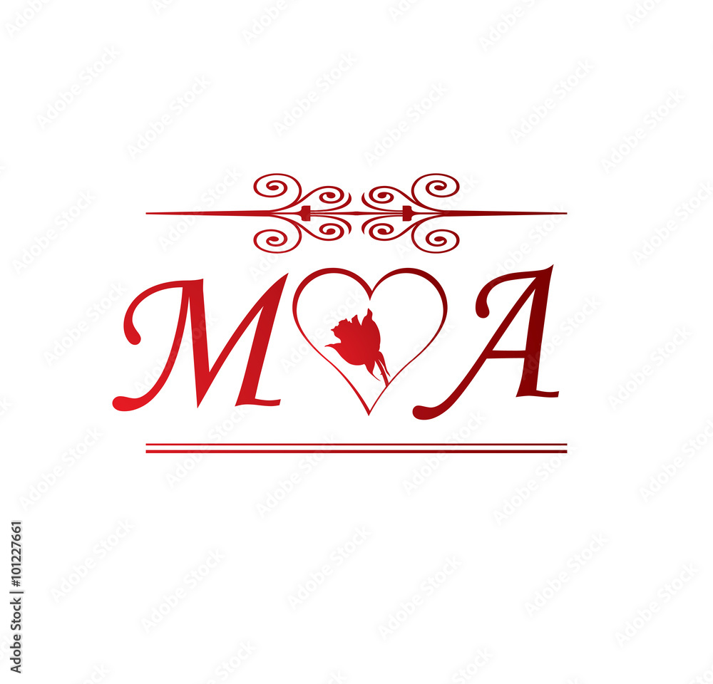 MA love initial with red heart and rose Stock Vector | Adobe Stock